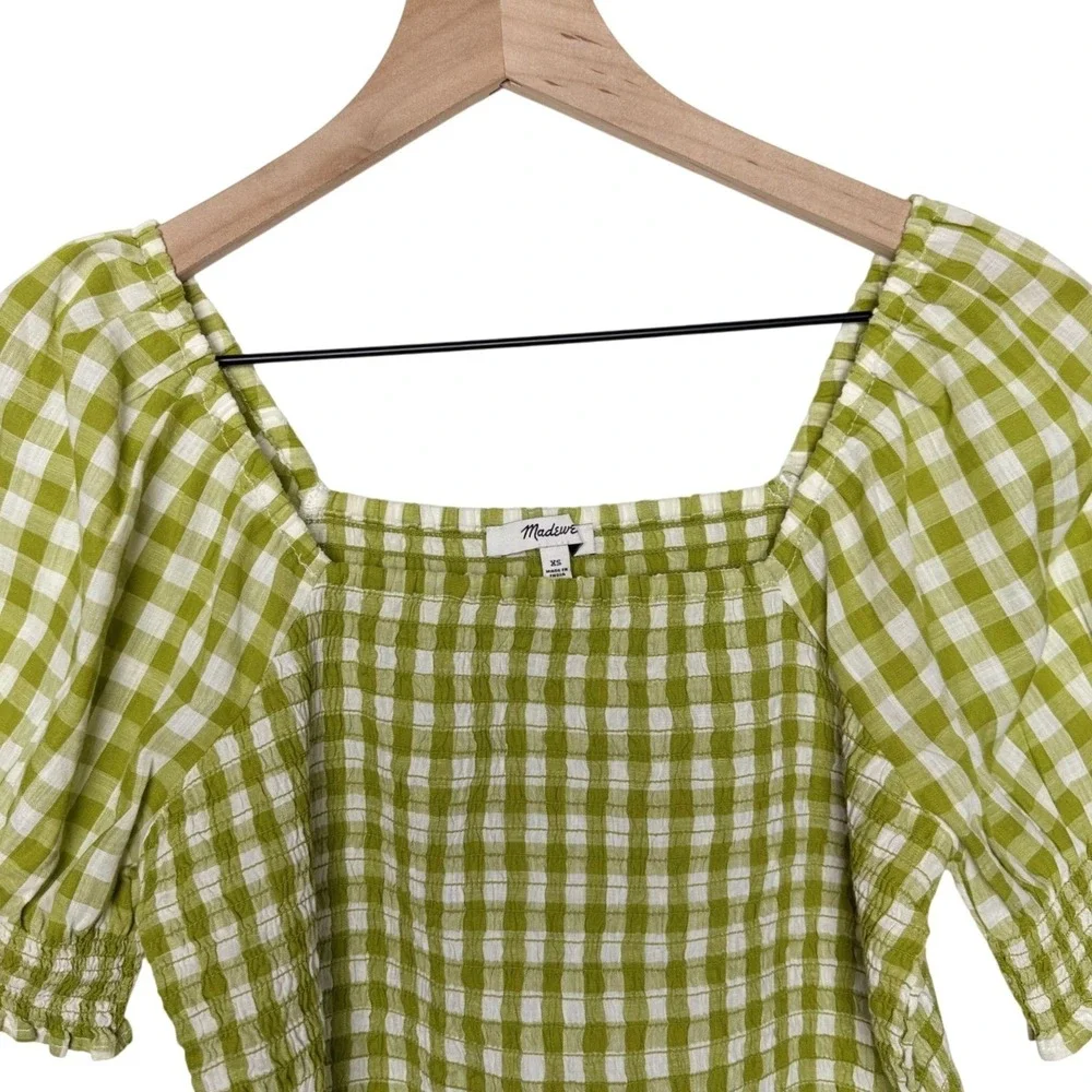 Madewell Cottagecore Green Gingham Smocked Puff Sleeve Square Neck Top XS Ruffle - Picture 3 of 9
